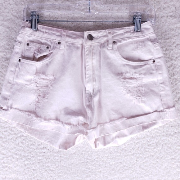 FOREVER 21 Light Pink Destroyed Raw Hem Jean Shorts Womens Size 26 High Rise - Picture 1 of 6